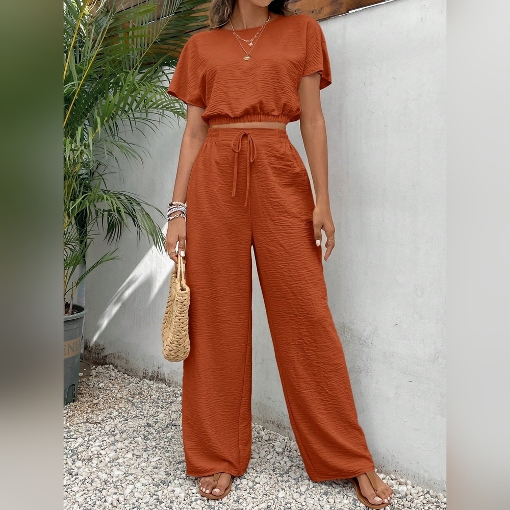 COPY - Women's Pants Set Loose Texture Solid Color Casual Two Piece Suit - Picture 2 of 6